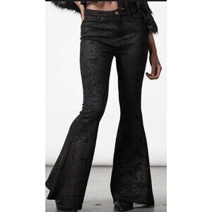 Killstar Black Lily Velvet Tapestry Flared Bell Bottoms Pants Size XS Goth